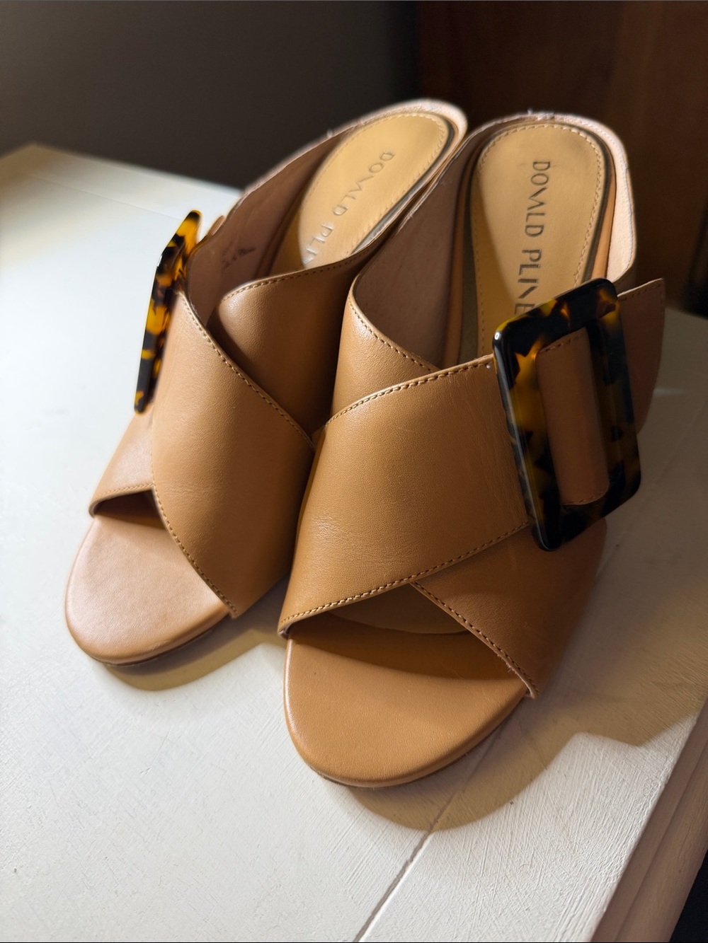 Donald J. Pliner Tan Leather Slide Mules with Tortoiseshell Buckle